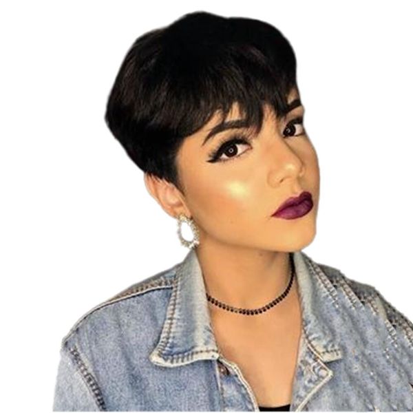 short none lace front wigs for women human hair black color full machine made pixie cut wig with bangs brazilian wigs, Black;brown